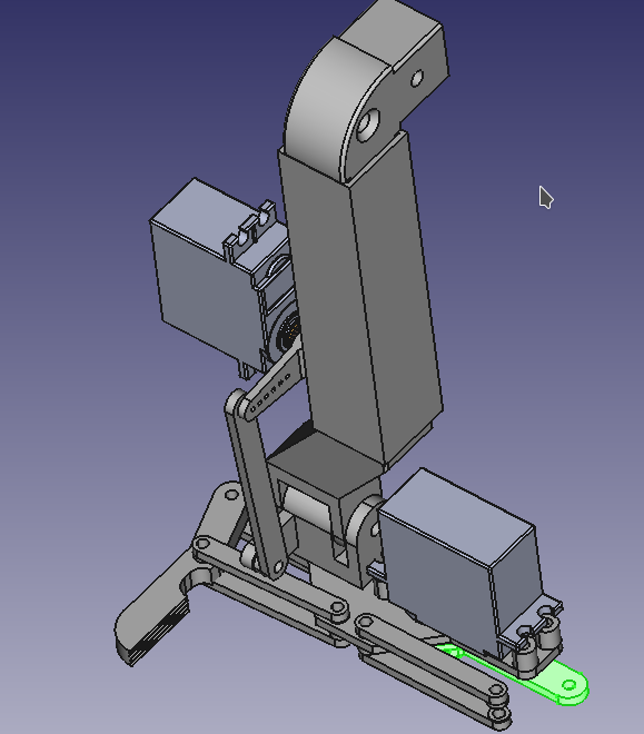 A screenshot of a robotic claw in FreeCAD.