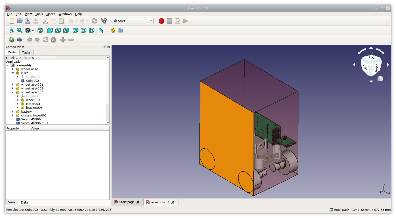 The robot assembly modelled in the open source 3D cad program FreeCAD.