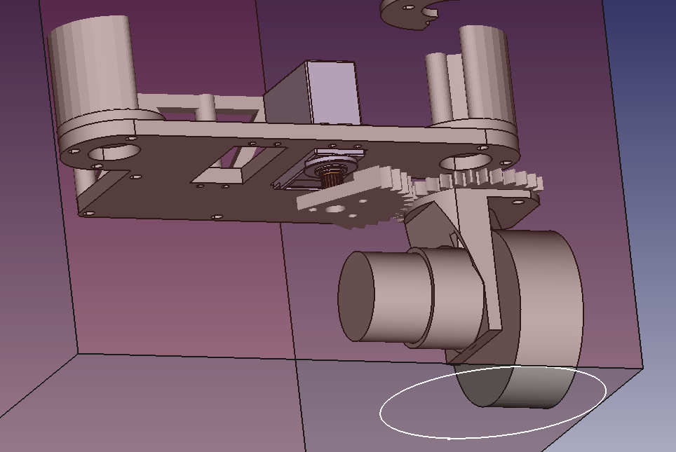 CAD model of a wheel assembly within a translucent box.