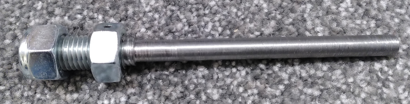 A metal bar with a chunky thread and two nuts at one end, smooth at the other.
