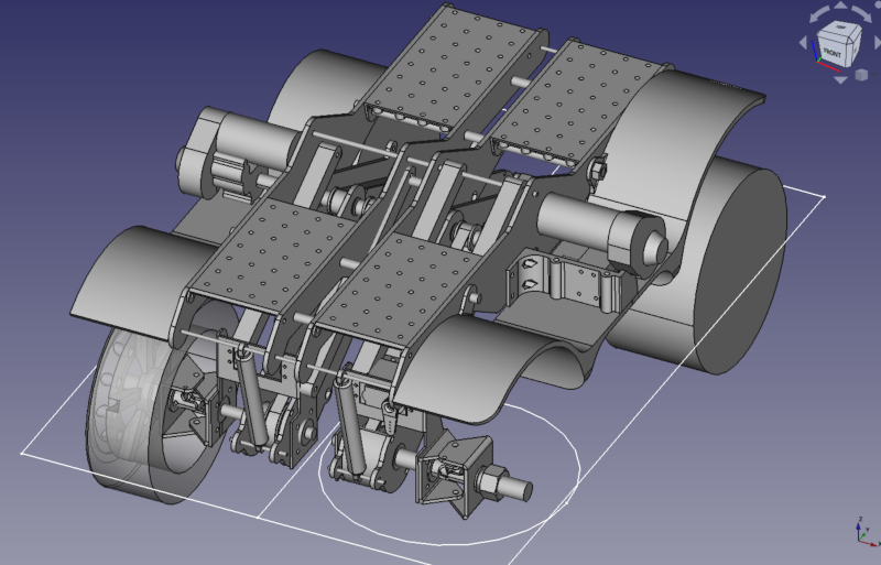 A detailed 3D cad drawing of a vehicle with one of the front wheels missing so you can see the steering mechanisms.