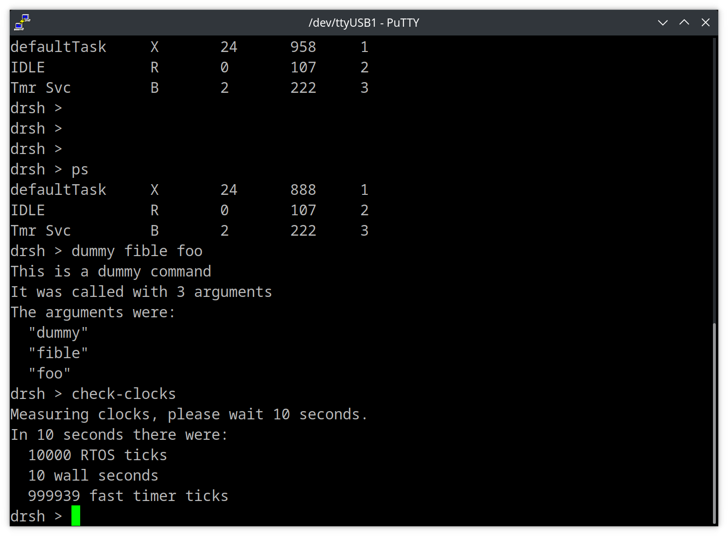 A set of simple commands showing clock ticks and process status in a Putty window.
