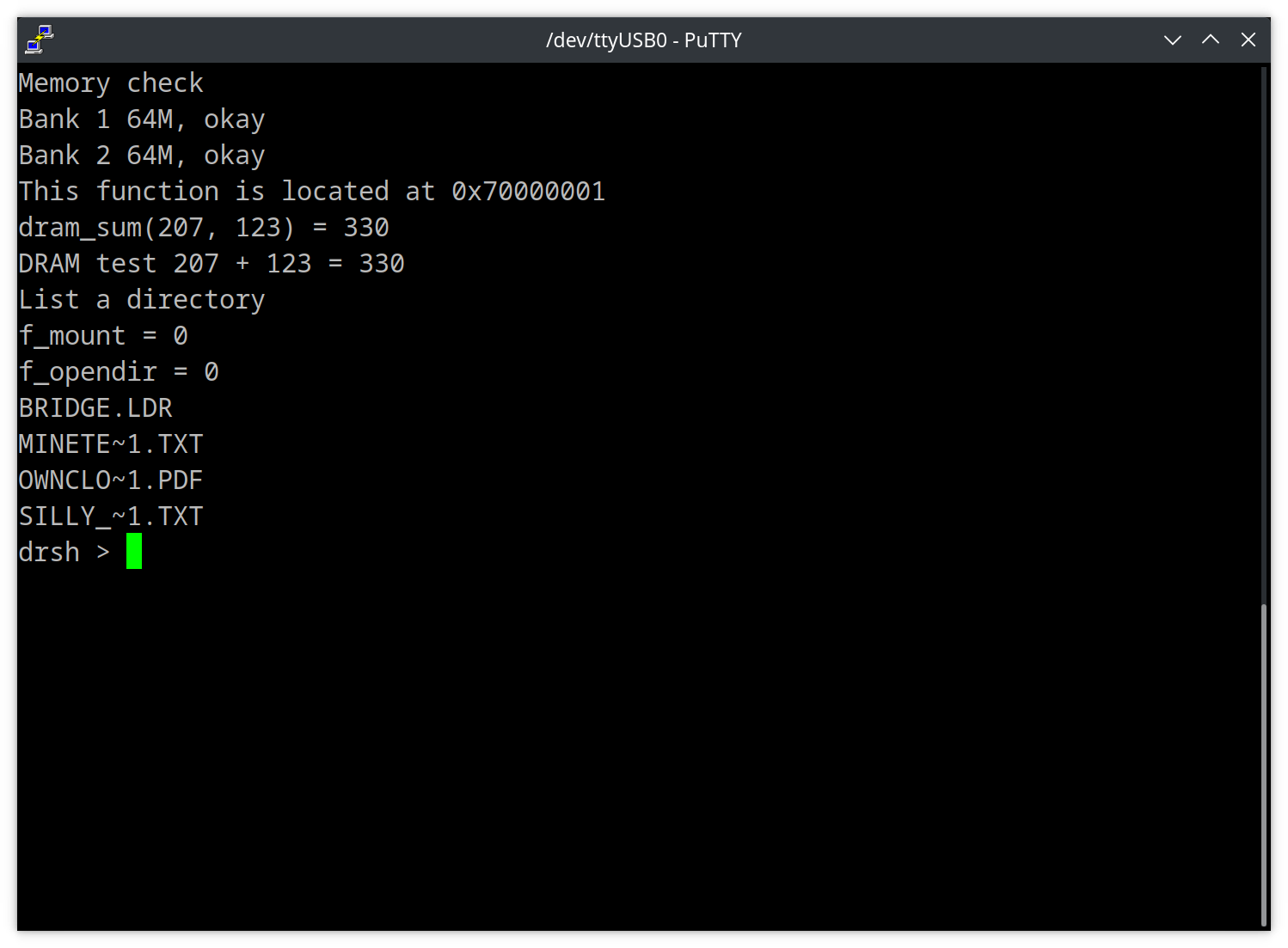 A screenshot of a PuTTY terminal with 4 short filenames listed.