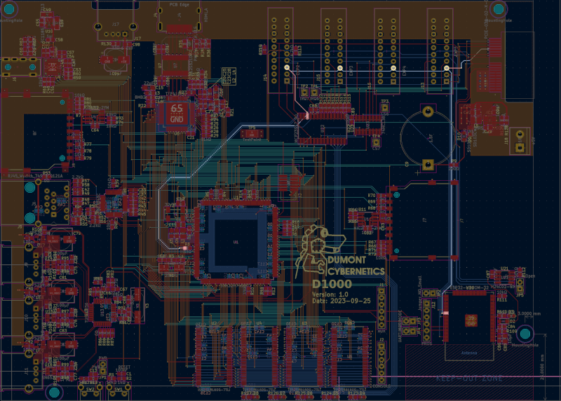 A schematic of a PCB with a trace circling a long way around the board.